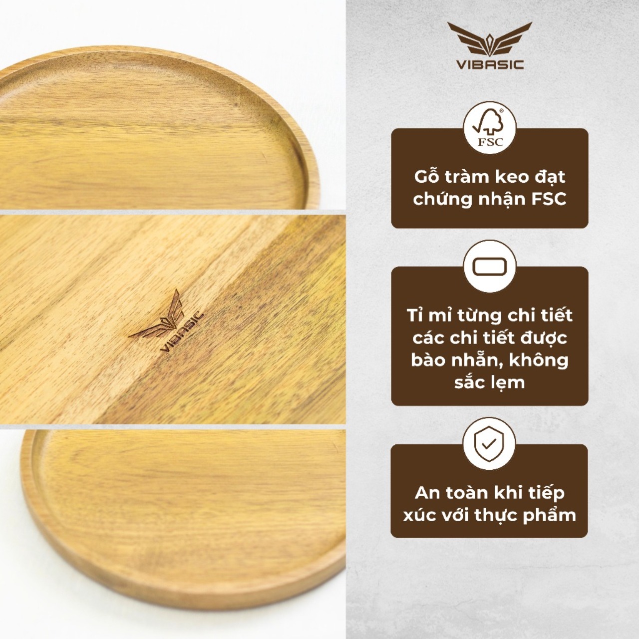 Khay đựng đồ hình tròn Vibasic làm từ gỗ keo, đa dạng kích thước, thích hợp decor trang trí
