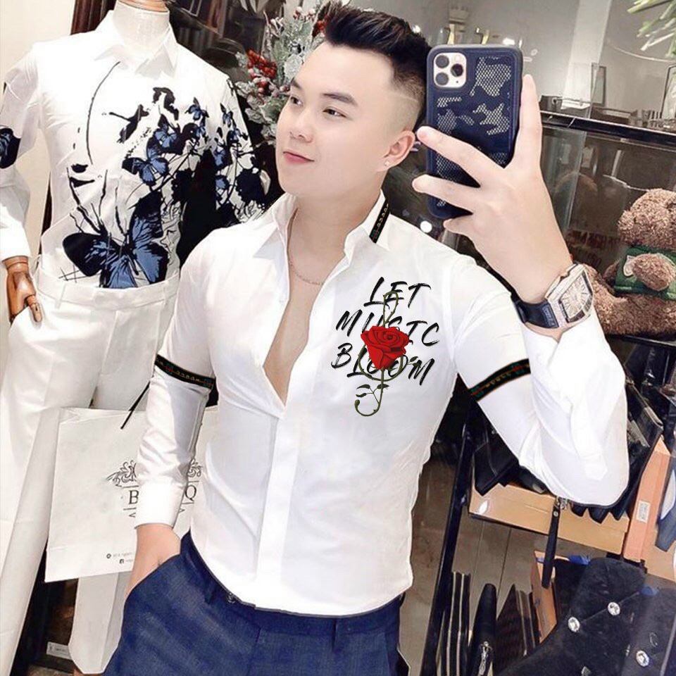 Sơ mi nam trắng viền cổ và bắp tay họa tiết hoa hồng thời trang