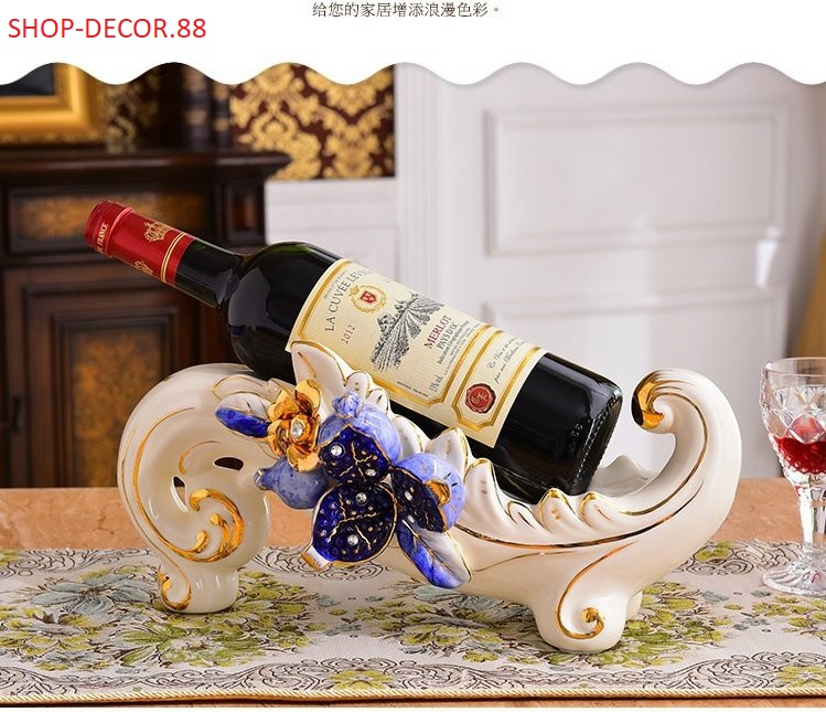 Kệ để chai vang gốm trắng cao cấp họa tiết cành lựu vẽ vàng 24k Decor trang trí nhà đẹp