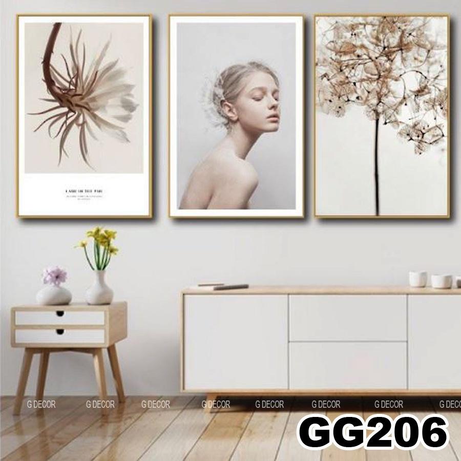 Tranh treo tường canvas 3 bức phong cách hiện đại Bắc Âu 139, tranh cô gái trang trí phòng khách, phòng ngủ, phòng ăn