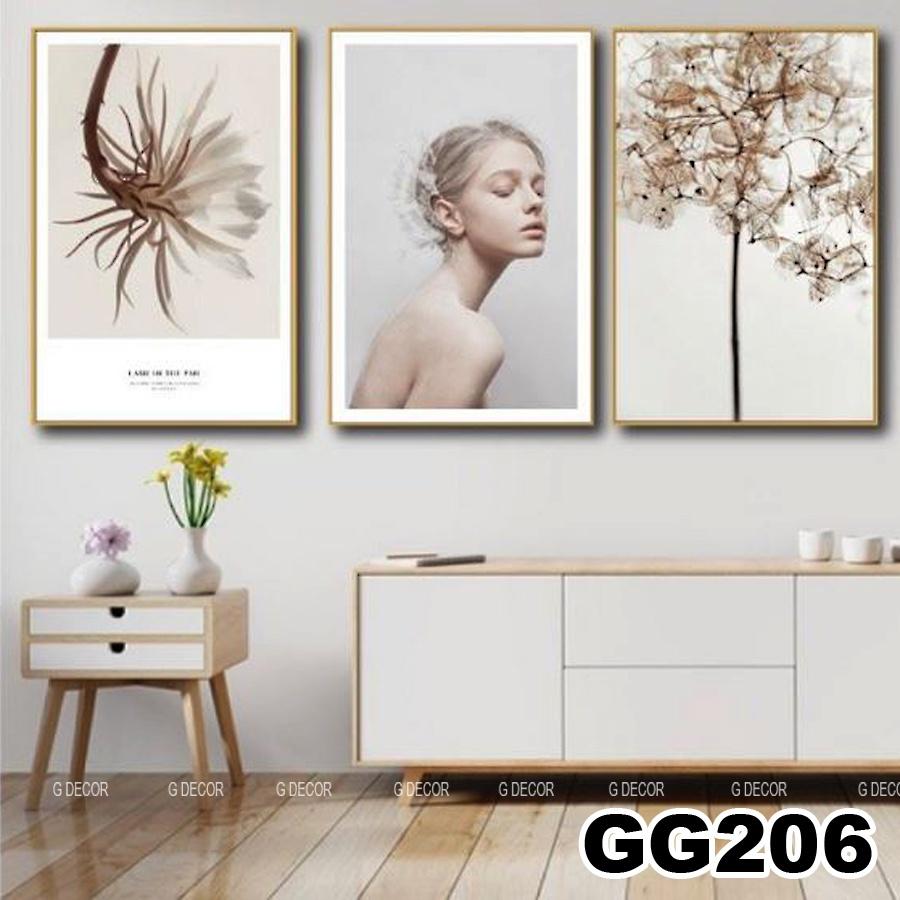 Tranh treo tường canvas khung gỗ 3 bức phong cách hiện đại Bắc Âu tranh cô gái trang trí phòng khách phòng ngủ spa 84