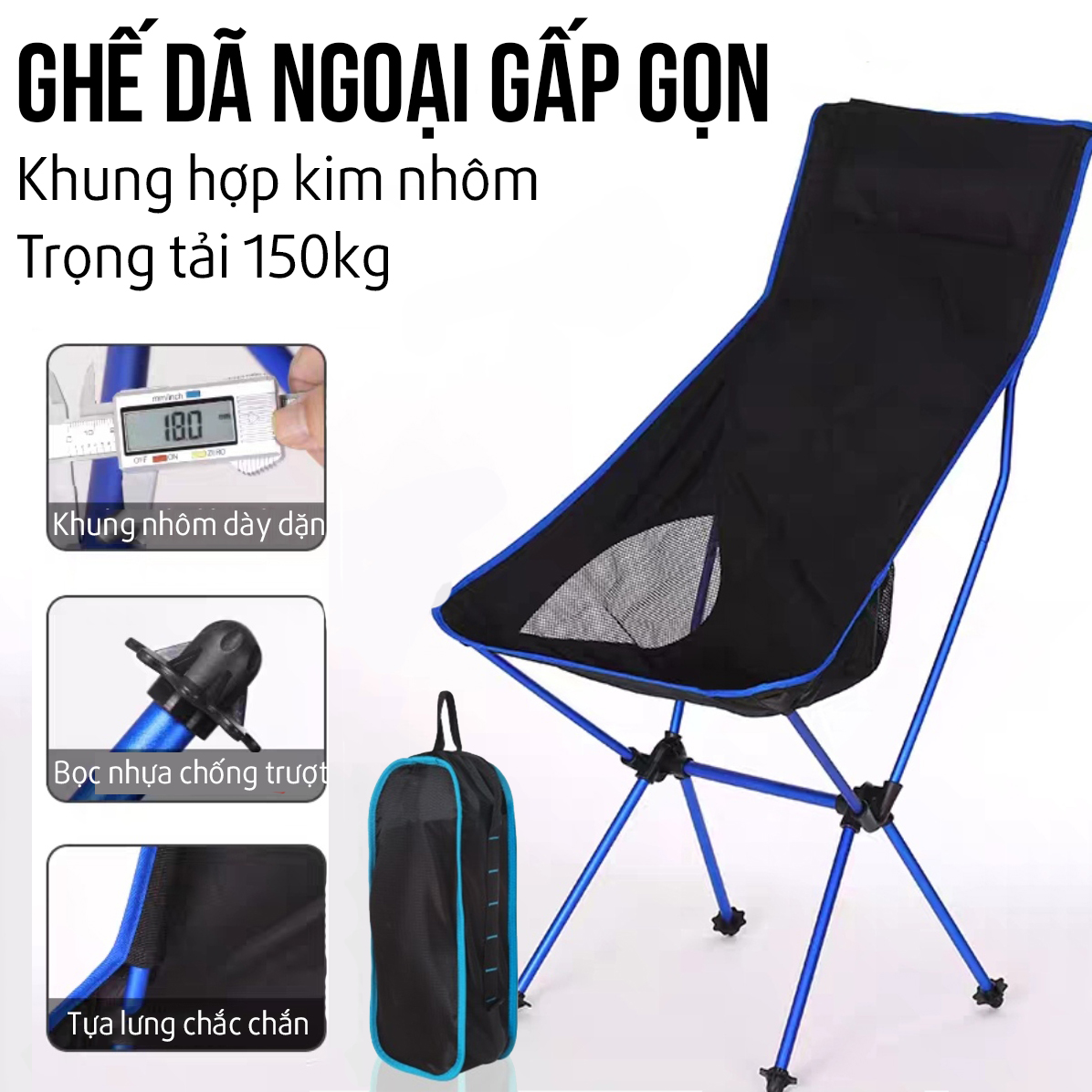 Ghế Câu Cá Xếp Gọn Ghế Dã Ngoại Cắm Trại Khung Hợp Kim Nhôm Chống Gỉ Sét Trọng Tải 150kg 