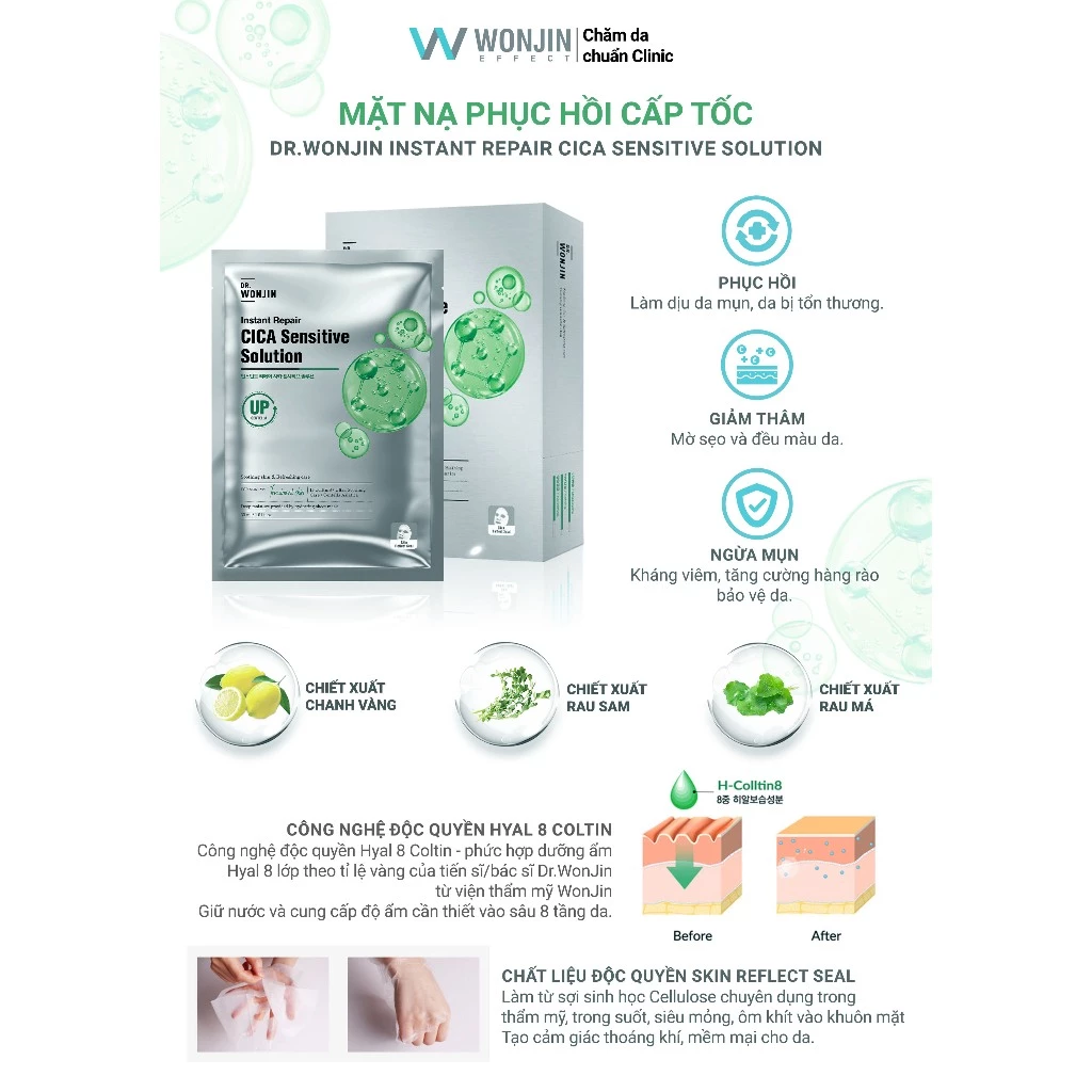 Combo 10 Mặt Nạ Phục Hồi Cấp Tốc DR WonJin Instant Cica Sensitive Solution Mask 30g x10
