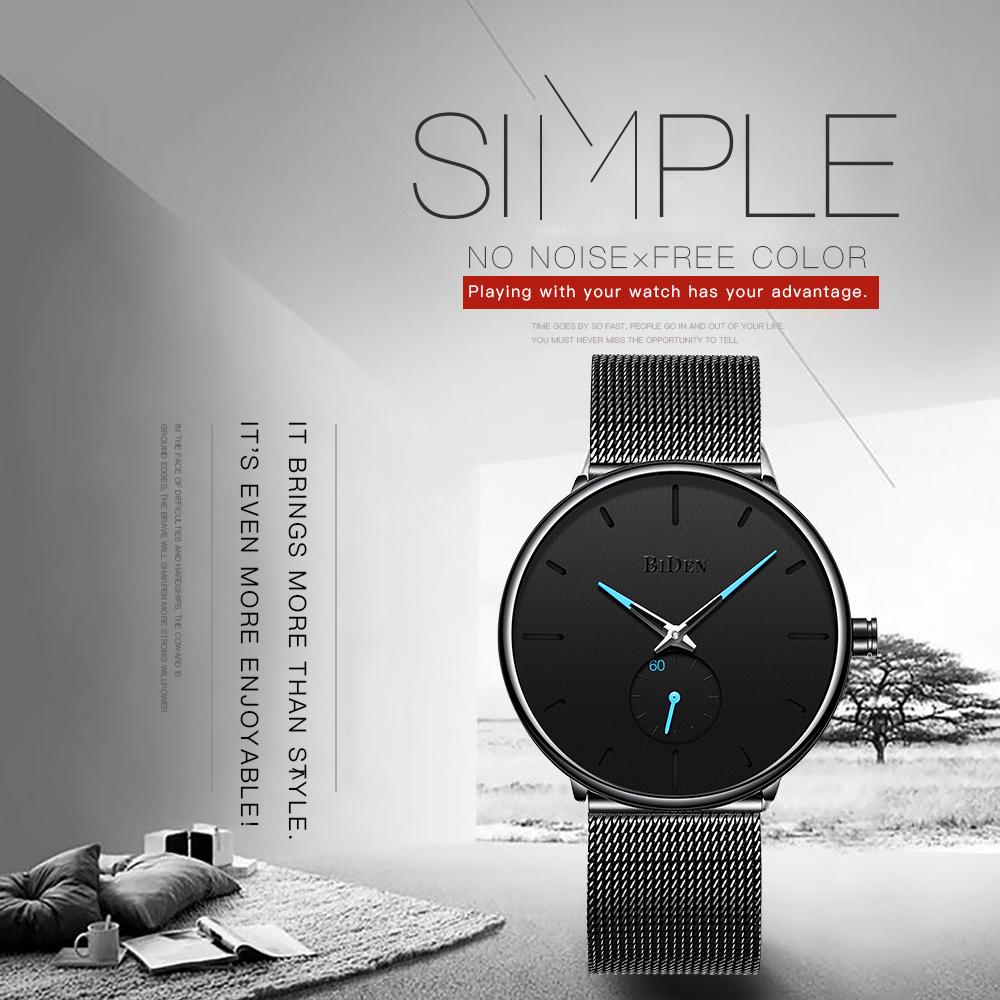Đồng hồ đeo tay siêu mỏng Mặt số lớn dây lưới tối giản màu đen BIDEN