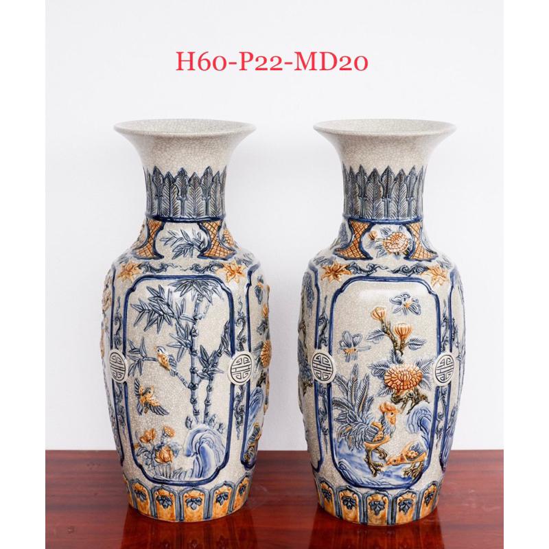 Đôi Lộc bình men rạn cổ, họa tiết đắp nổi thủ công tứ cảnh” Tùng- Cúc- Trúc-Mai”, hàng nghệ nhân. Gốm sứ Bát Tràng.
