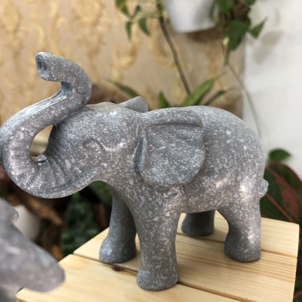 Cặp 2 tượng con voi đá trang trí phong thủy bàn làm việc mang may mắn cát tường cho gia chủ- Cao 9cm- Màu xám