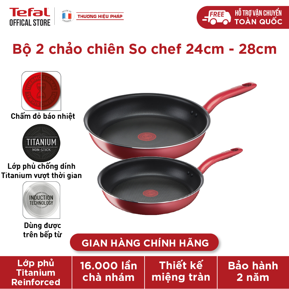 Bộ 2 Chảo chiên Tefal So Chef 24-28 cm - Dùng mọi loại bếp - Chấm đỏ báo nhiệt thông minh - Hàng chính hãng