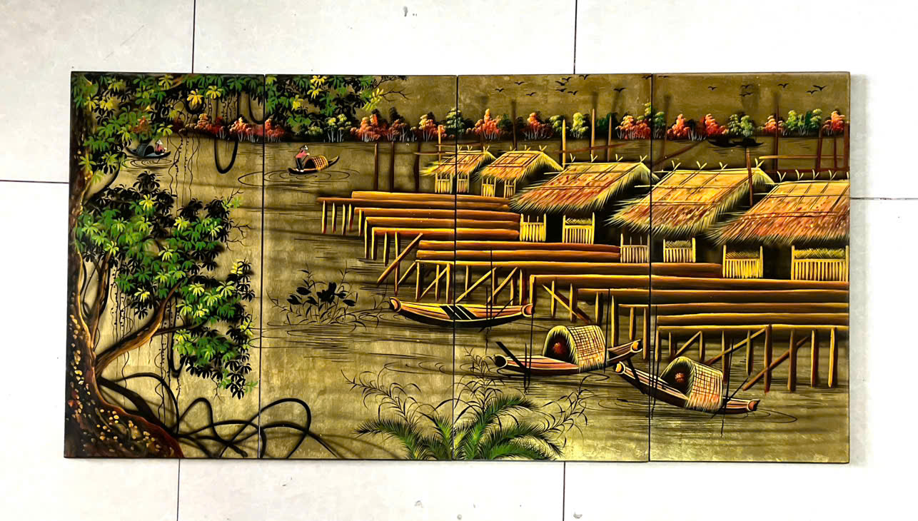 Bộ Tranh sơn mài - ĐỒNG QUÊ VIỆT NAM - Size 60x120 cm - Nền dát vàng cao cấp