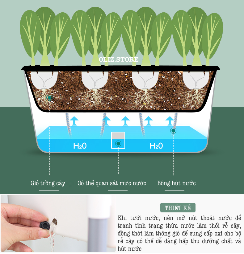 Chậu trồng rau Oliz D202. Chậu trồng rau thông minh tự dưỡng, có bánh xe di chuyển, phù hợp nhiều không gian