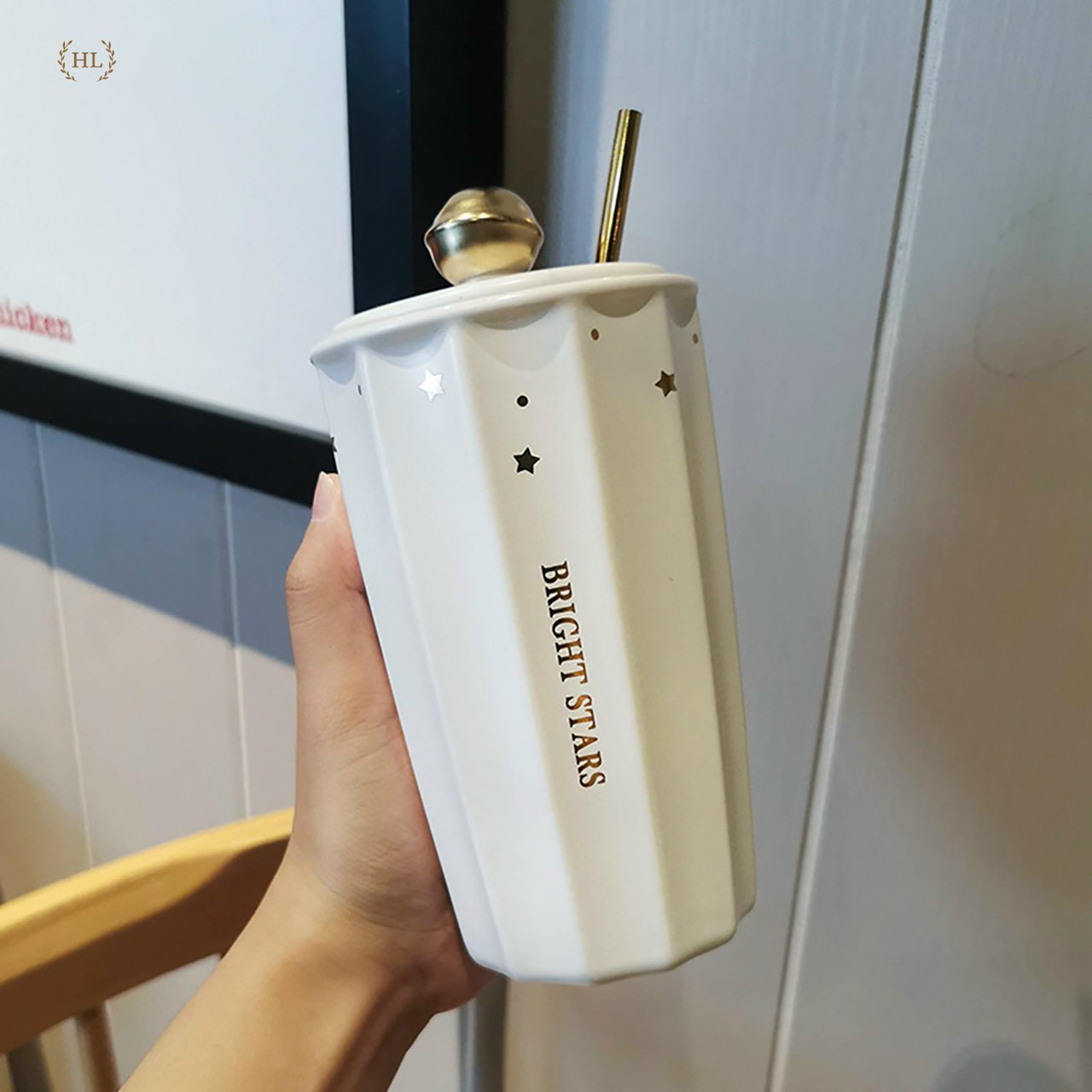 Ca sứ kèm ống hút inox vàng kim | Cốc Hot Trend | Ly 2 lớp siêu dày có nắp đậy kèm ống hút