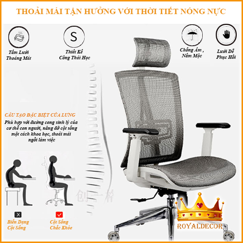 Ghế Xoay Văn Phòng Ngồi Máy Tính, Ghế Làm Việc Công Thái Học Cao Cấp Có Thiết Kế Dạng Lưới Ở Lưng Thoáng Mát, Ngồi Thoải Mái Làm Việc Cả Ngày ( Màu Đen, Màu Trắng) - RoyalDecorHN