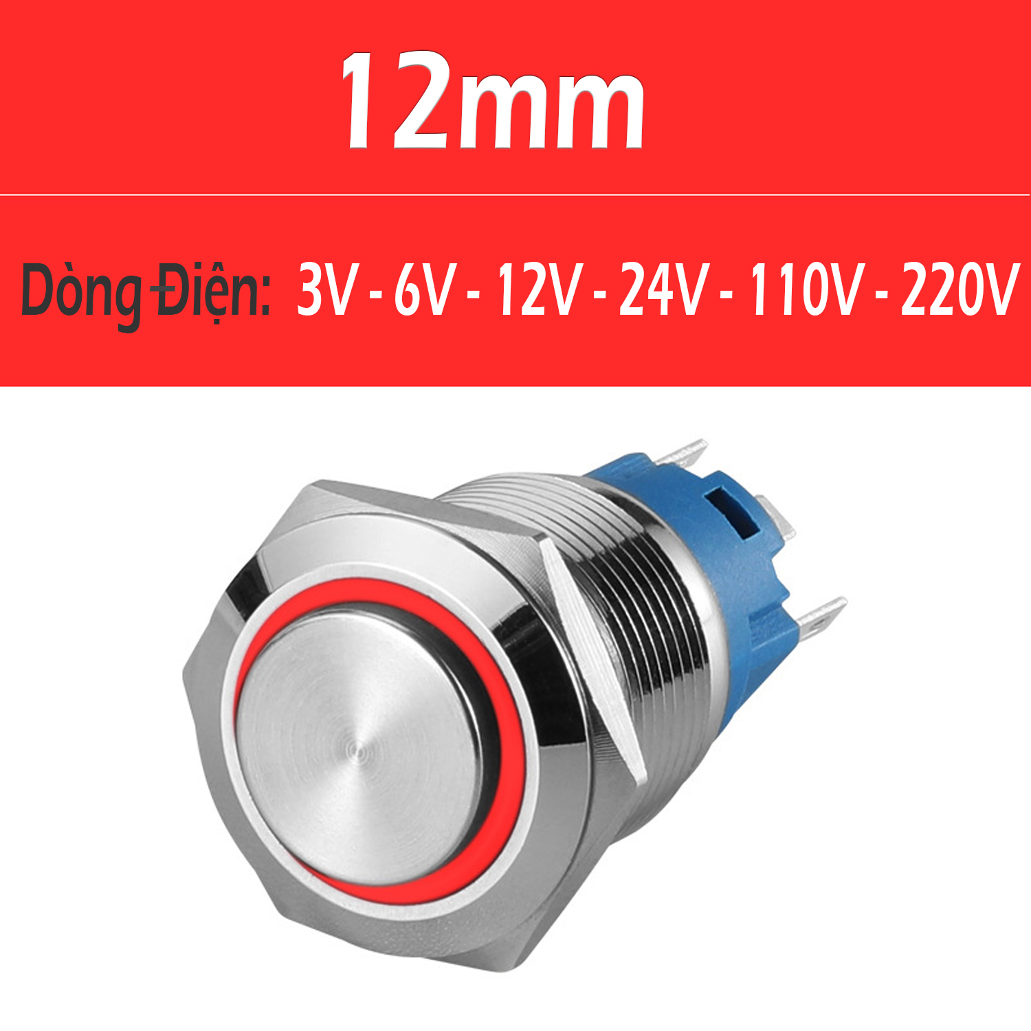 Nút INOX nhấn nhả, Nhấn đề 12mm, Công tắc chế loa, Chế đèn ô tô, Xe máy