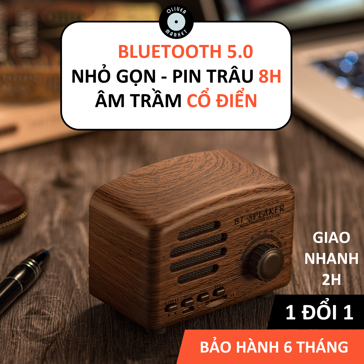 Loa Bluetooth Mini OLIVER BT01 Loa Vân Gỗ Cổ Điển Đồ Decor Bàn Học Trang Trí Phòng Ngủ Loa Laptop Retro Vintage Làm Quà Tặng