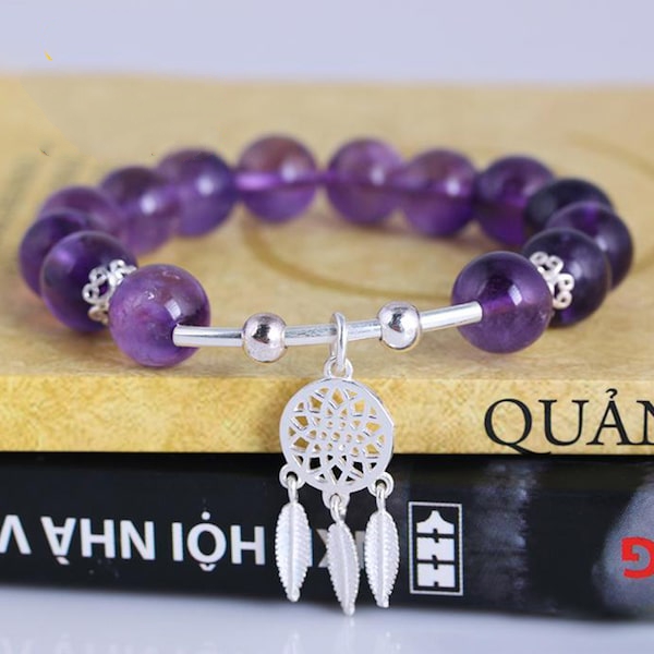 Vòng tay phong thủy đá Thạch Anh Tím thiên nhiên 10 ly mix Charm Dreamcatcher Bạc 925