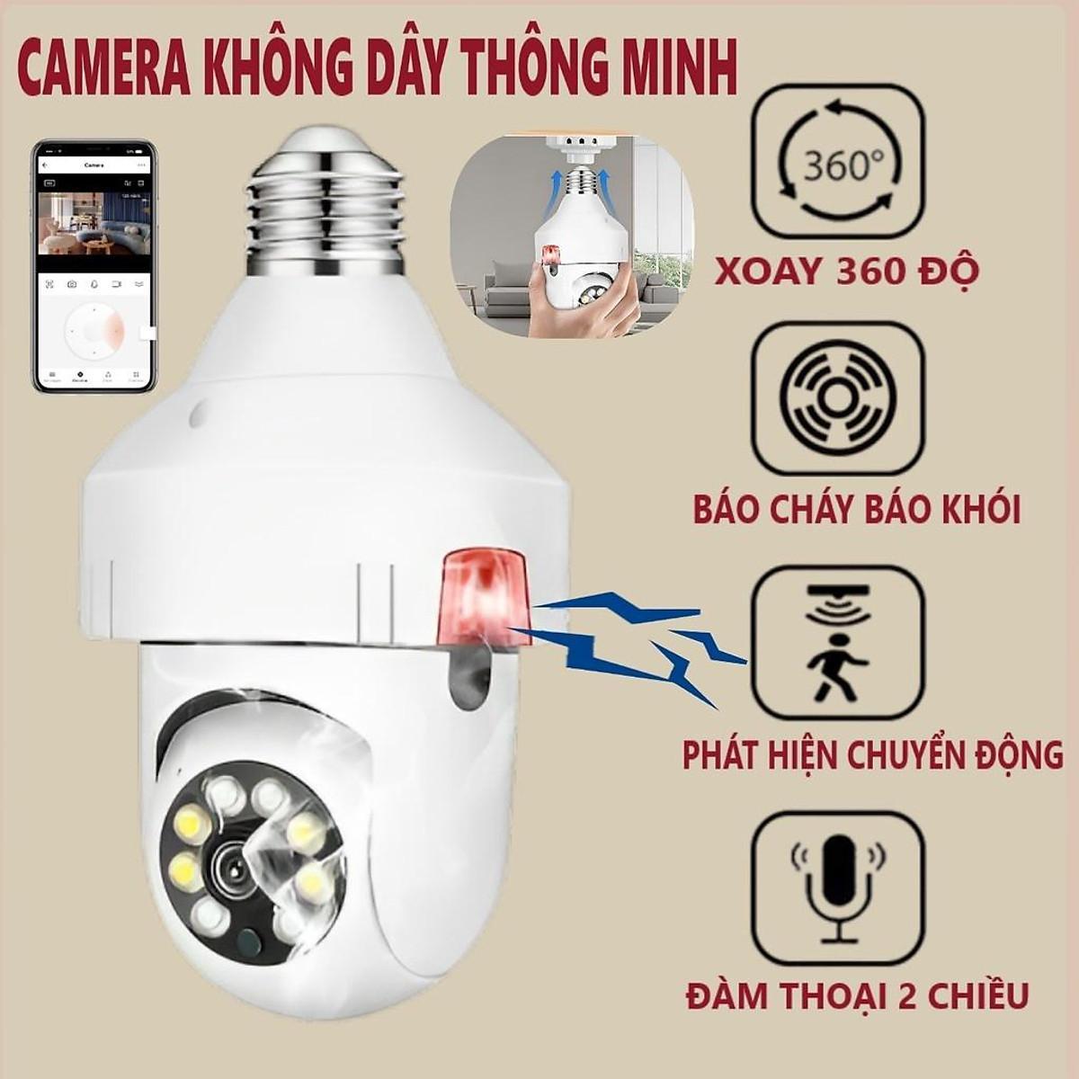 Camera Không Dây Báo Khói Báo Cháy Đàm Thoại 2 Chiều Hình Bóng Đèn,1080P, Phát Hiện Báo Động Chuyển Động, Xoay 360 Độ.