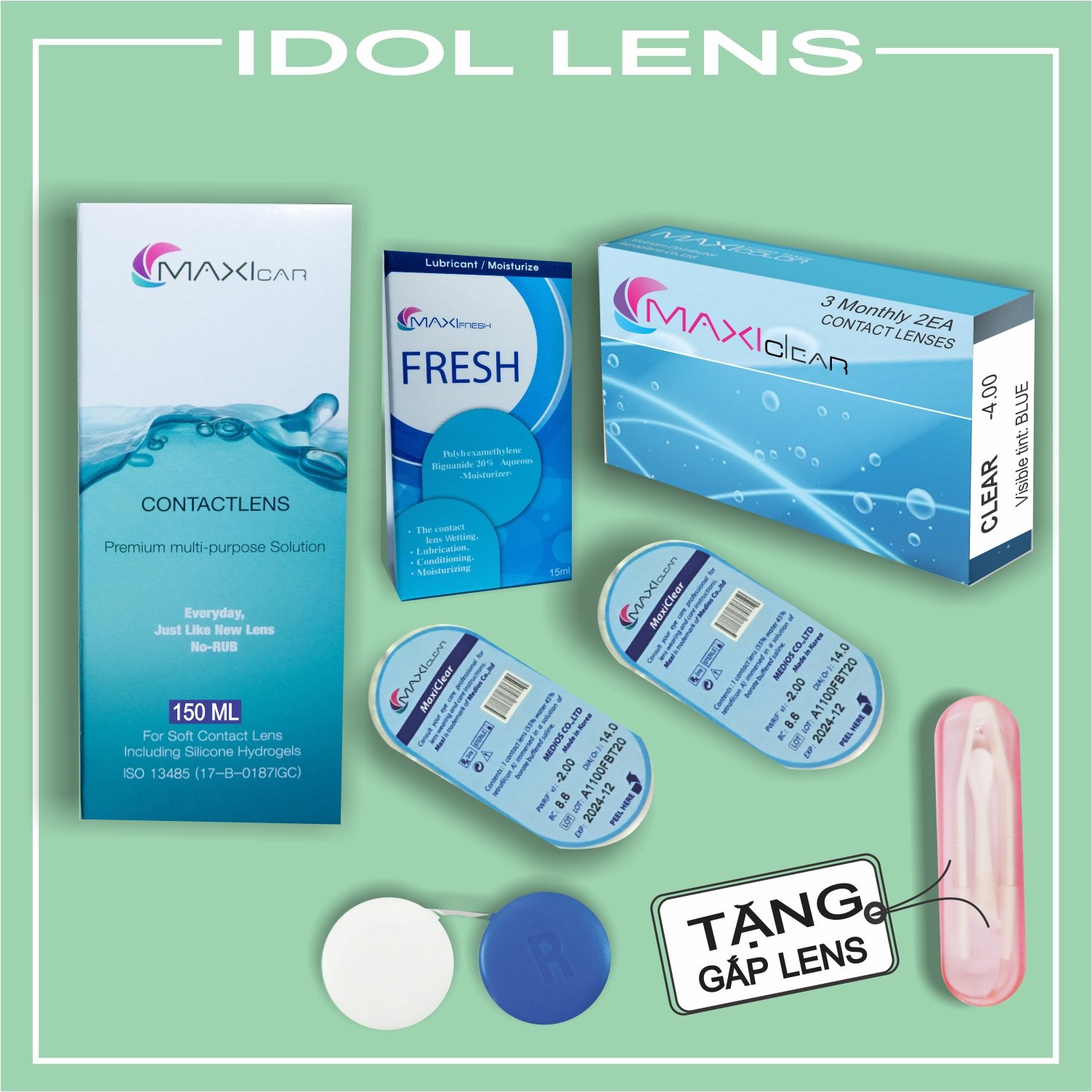 Bộ lens cận/ kính áp tròng cận không màu, dung dịch ngâm lens, dung dịch nhỏ mắt MAXI