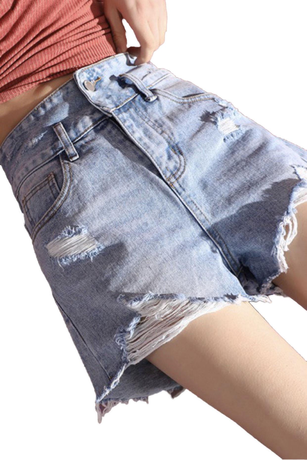 Quần short jean nữ Big Size lưng cao trên rốn, co dãn mạnh, rách nhẹ, phom rộng rãi dành cho người béo 60kg~90kg 3451