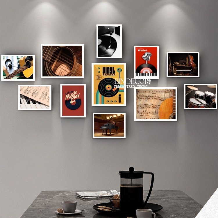 Khung ảnh treo tường âm nhạc 1 bộ 11 khung màu trắng đen kèm đinh treo