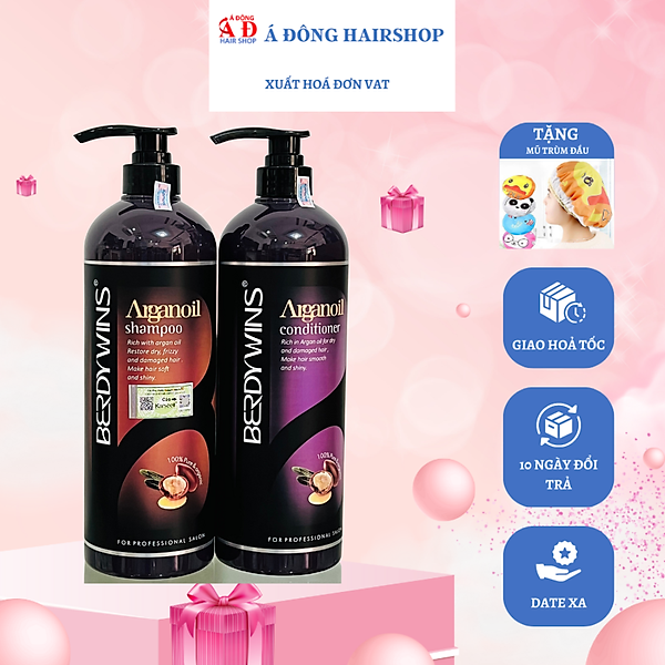 [+Tặng mũ trùm] Bộ dầu gội xả BERDYWINS Argan Oil siêu mượt phục hồi tóc hư tổn 1000ML