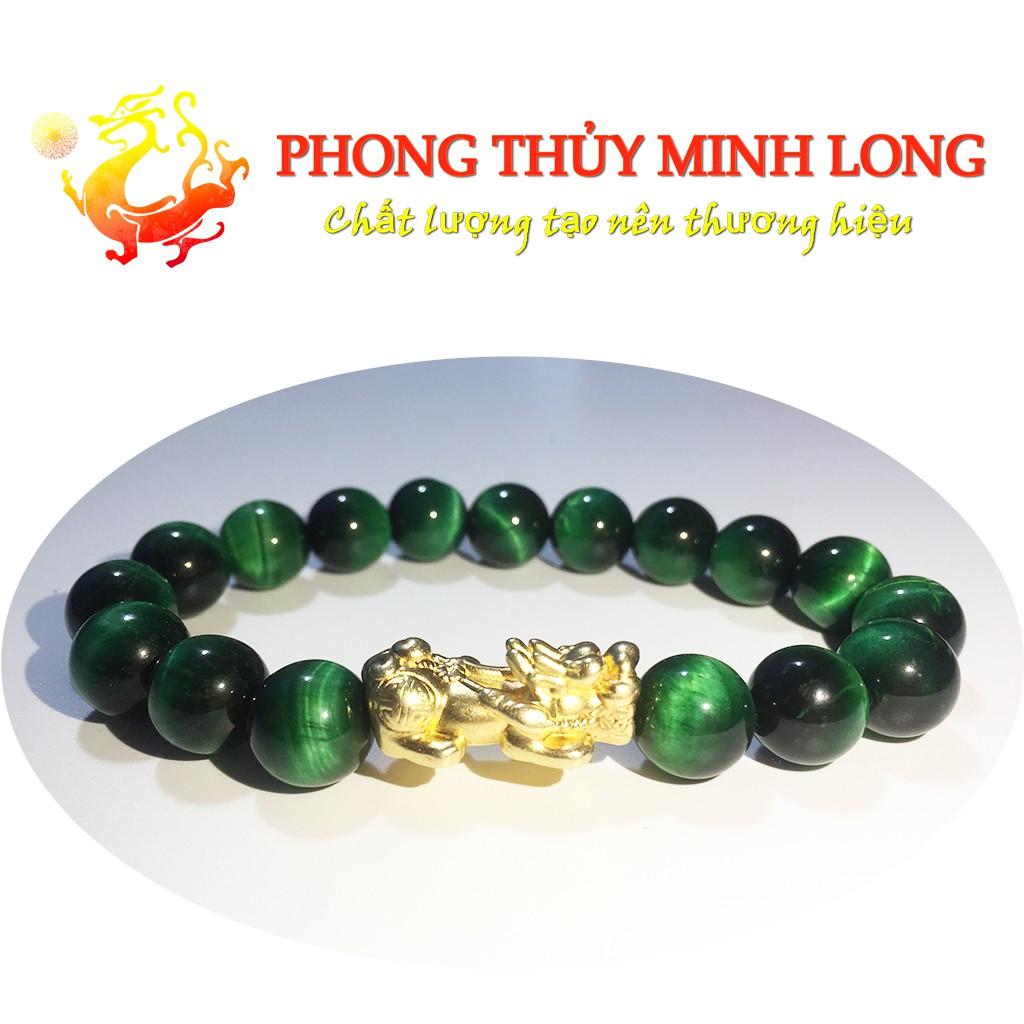 Vòng tay đá Mắt Hổ Xanh Lá chất lượng 5A mix Tỳ Hưu Vàng hợp mệnh Mộc và Hỏa