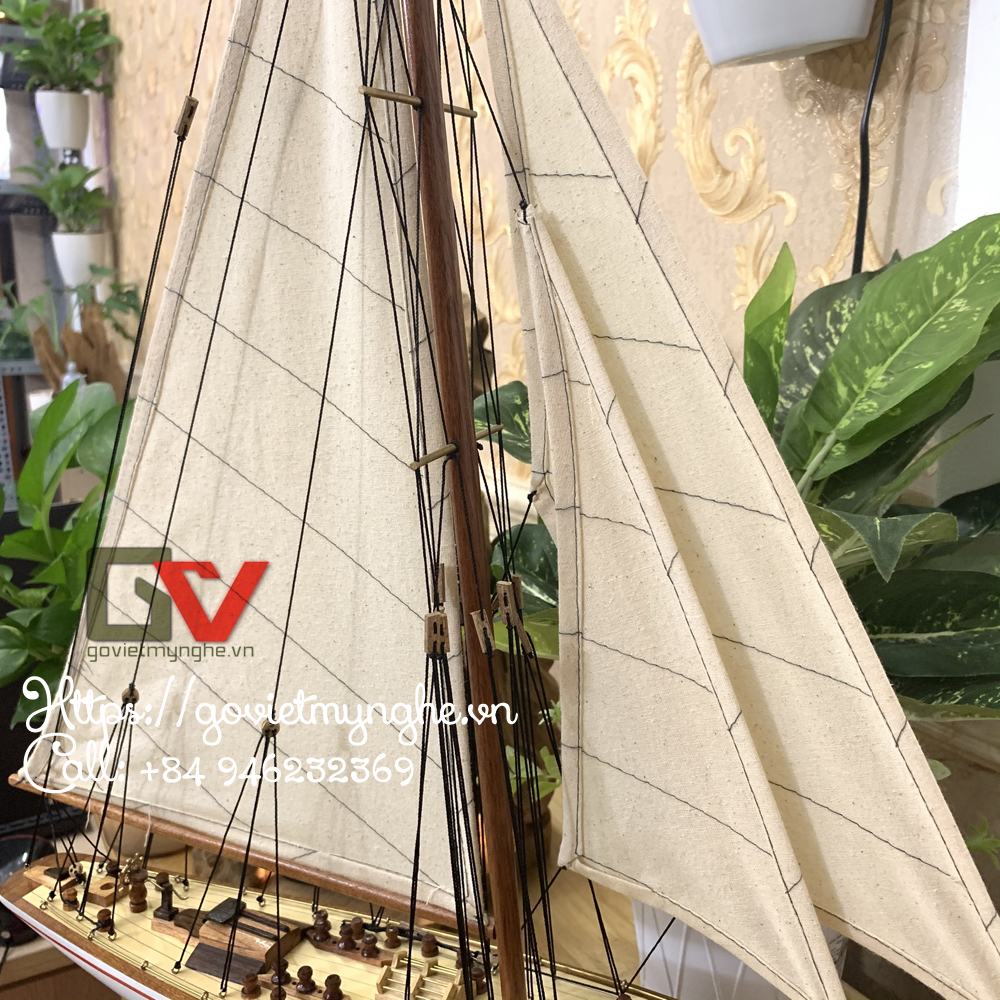 Mô hình thuyền gỗ trang trí du thuyền gỗ J Endeavour - Thân tàu dài 50cm - Sơn màu Trắng/Xanh