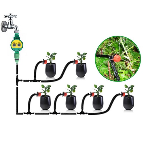 Bộ tưới hoa cây cảnh 20 béc nhỏ giọt điều chỉnh lưu lượng kèm van nước tự động hẹn giờ bằng 2 nút vặn đơn giản