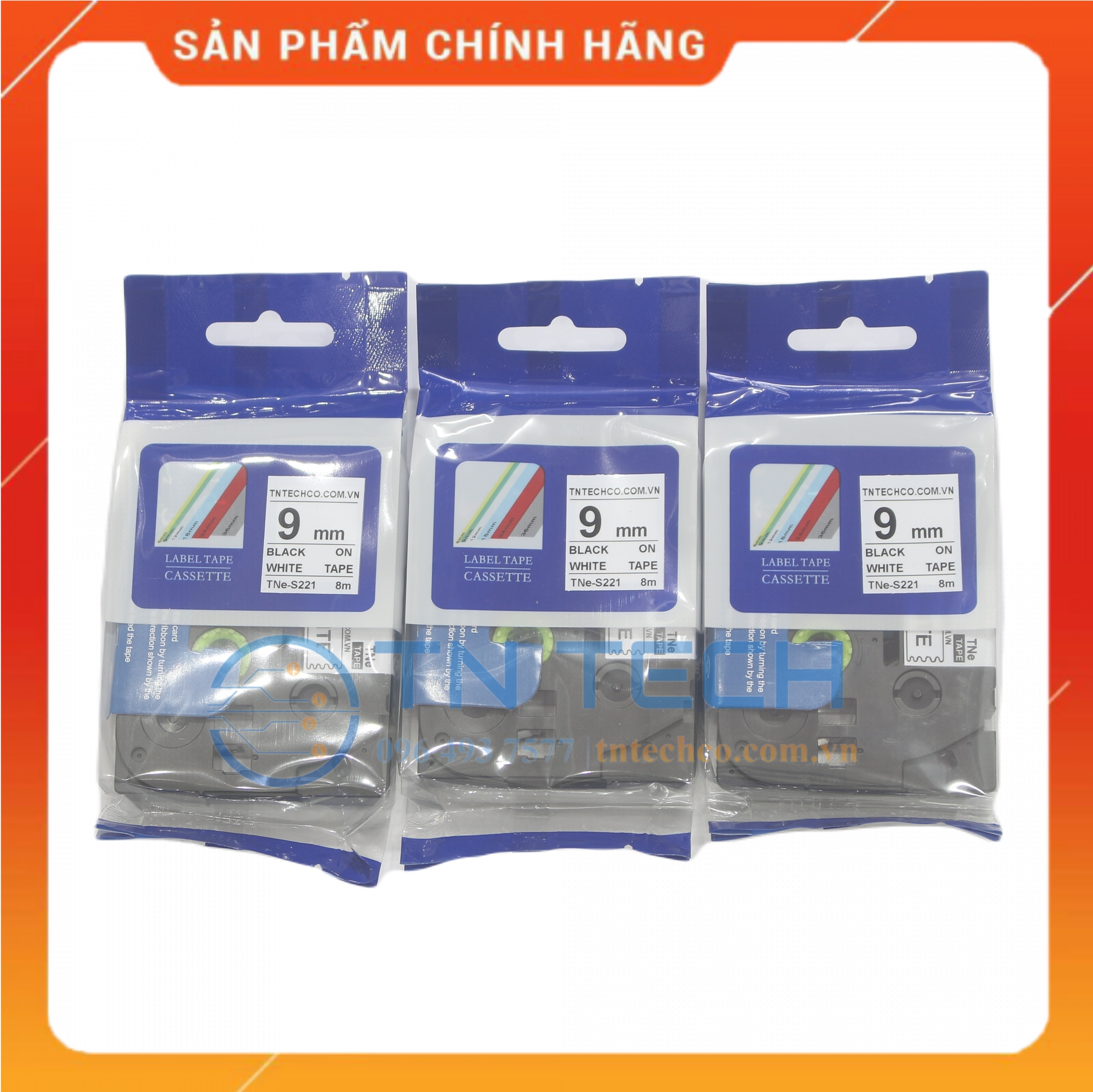 Nhãn In TNE-S221 - Đen nền trắng 9mm x 8m - Dùng cho máy in BROTHER - AIMO - PUTY [Hàng nhập khẩu]