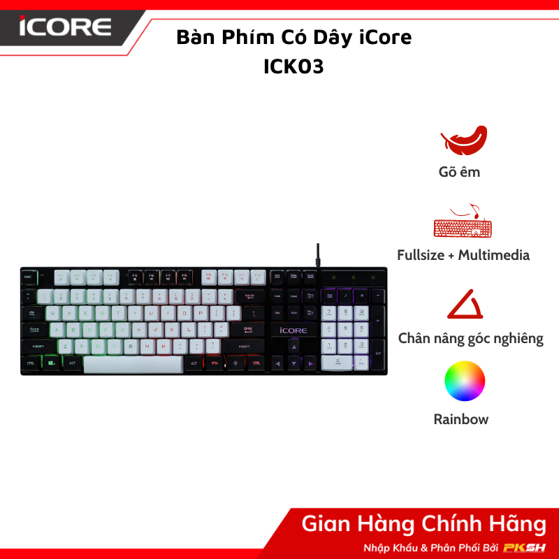Bàn Phím Có Dây iCore ICK03 Đèn Rainbow, Gõ Êm, Giá Rẻ - Hàng chính hãng