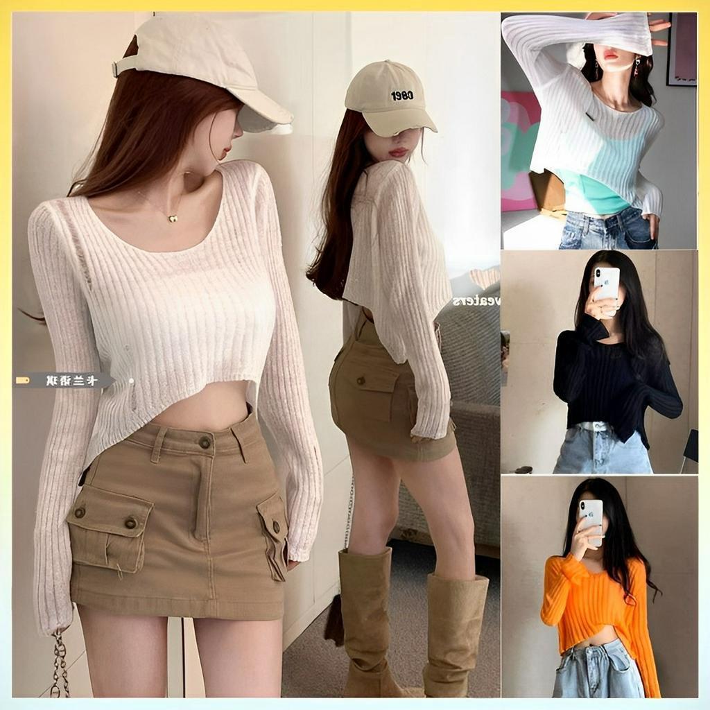 Áo len Montoghi dệt kim MỎNG CROPTOP GẮN NHÃN dễ phối đồ thời trang sang trọng