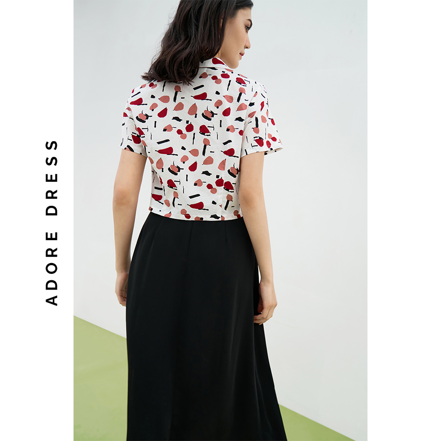 Áo sơ mi Tops thô lụa trắng hoạ tiết quả lê đỏ 311TO1001  ADORE DRESS