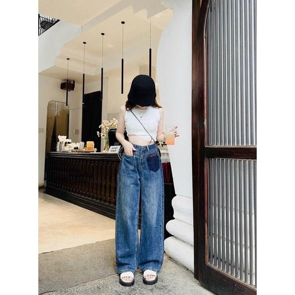 Quần jeans nữ xuông xanh 2 túi trước phối siêu cá tính