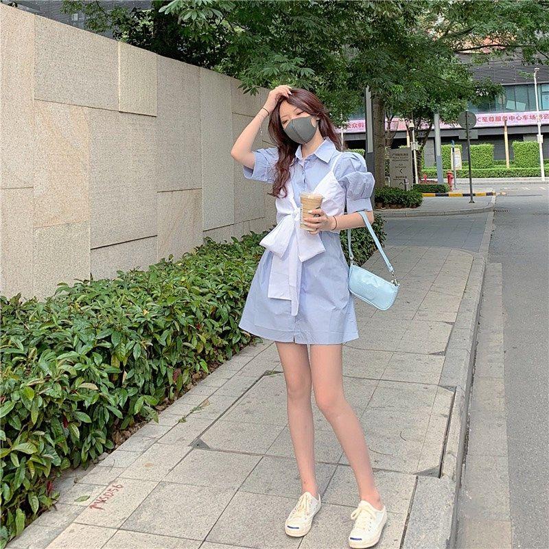 Bộ Đầm Sơ mi Nữ Phối Yếm Nơ Cúc Cài Cộc Tay 3 Màu Q073