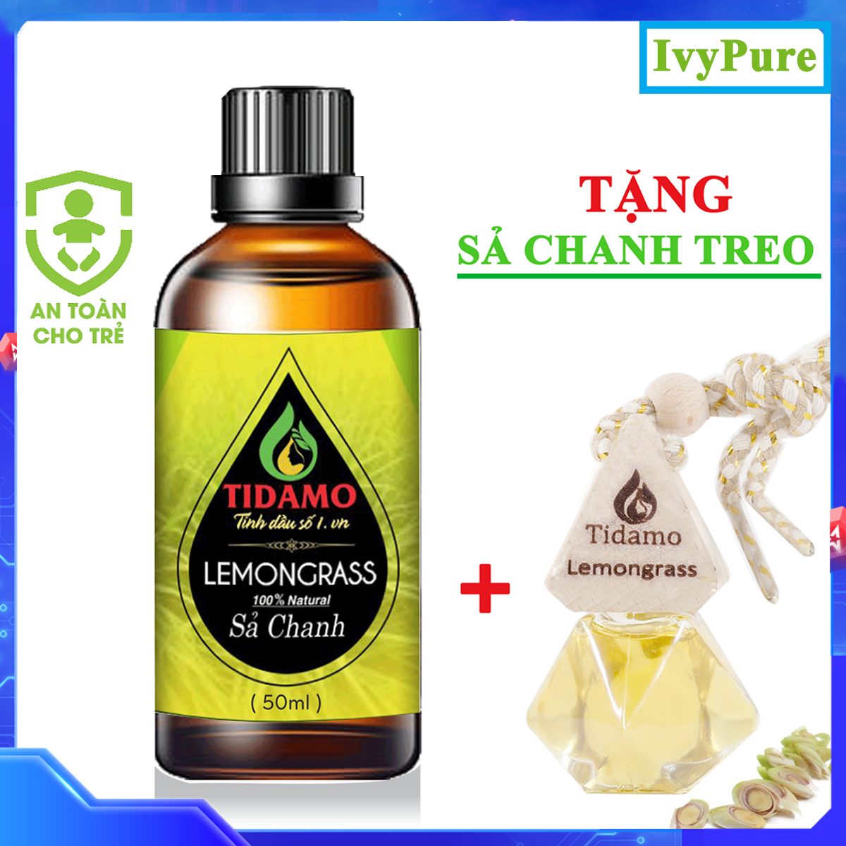 Tinh Dầu Sả Chanh 50ML + Tinh Dầu Treo xe Treo Phòng Sả Chanh (Lemongrass) - Tinh Dầu Xông Phòng Sả Chanh Nguyên Chất TIDAMO Giúp Bảo Vệ Sức Khỏe, Kháng Khuẩn, Đuổi Muỗi Và Thư Giãn Tinh Thần