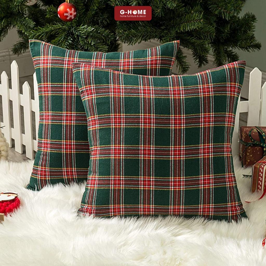 Vỏ gối trang trí giáng sinh Ghome, vỏ gối ôm xinh xắn, gối vuông tựa lưng sofa cao cấp hoạ tiết kẻ 3 màu VGNOEL22