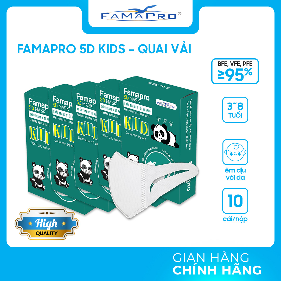 Chính Hãng Khẩu Trang Y Tế Trẻ Em Quai Vải Famapro 5D Mask Kid - Bé Dưới 10 Tuổi Hộp - Trắng - Combo 5 Hộp