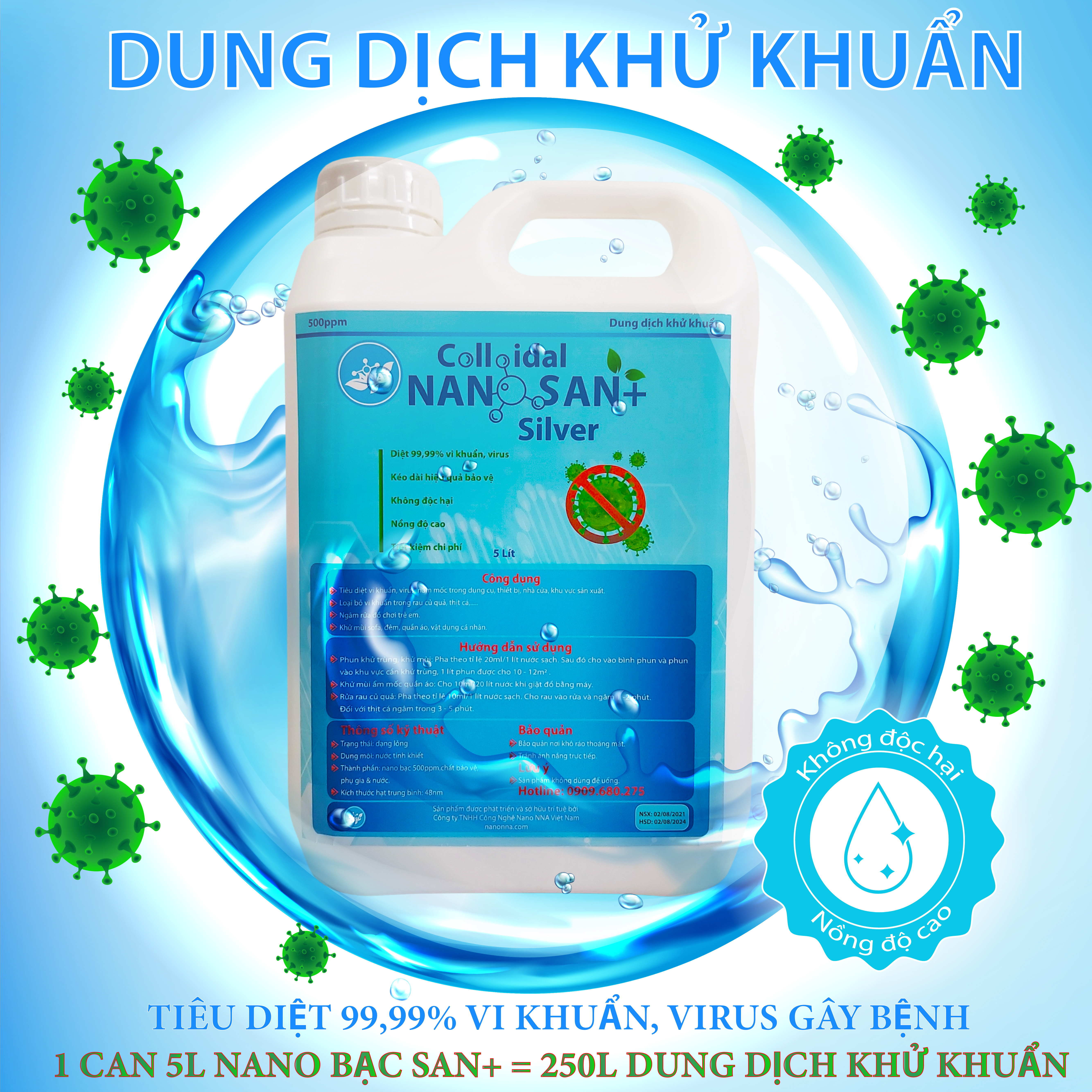 [250 LÍT] Dung dịch khử khuẩn nano bạc SAN+. Loại bỏ vi khuẩn gây hại, truyền nhiễm.