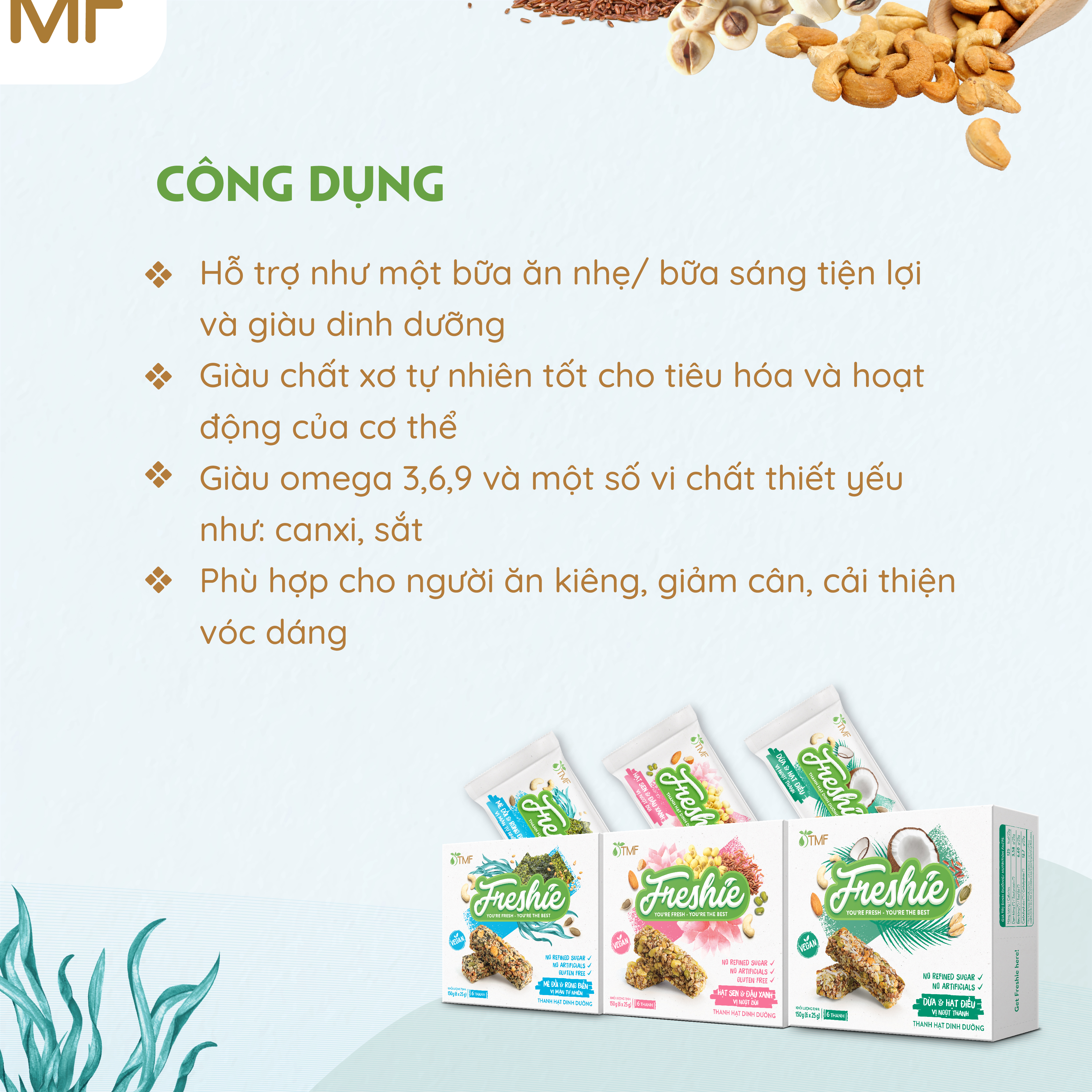 Thanh hạt dinh dưỡng Freshie Hạt sen & Đậu xanh gạo lứt ngũ cốc thuần chay cung cấp năng lượng 150gr TÂM MINH FOODS