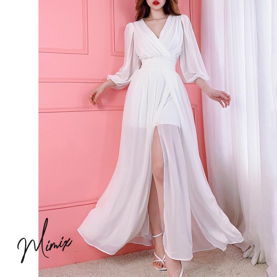 Đầm maxi xòe 3 lớp xẻ tà bo eo MIMIX BA2230