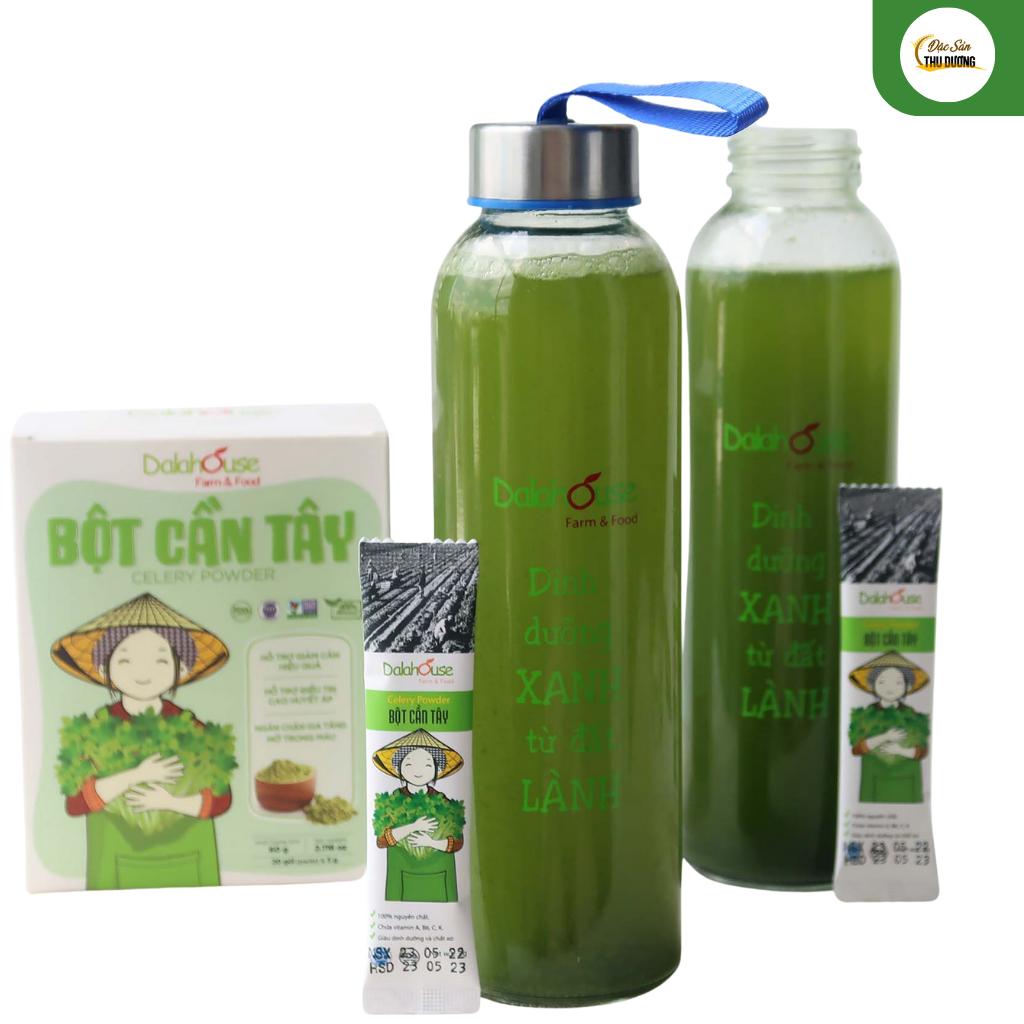 Chai thủy tinh nắp thiếc có dây đeo, logo dalahouse dùng pha nước bột rau 500ml