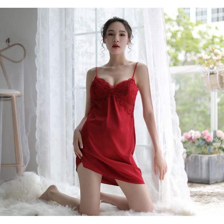 Váy ngủ lụa cao cấp phối ren có đệm ngực - Mẫu mới DN16