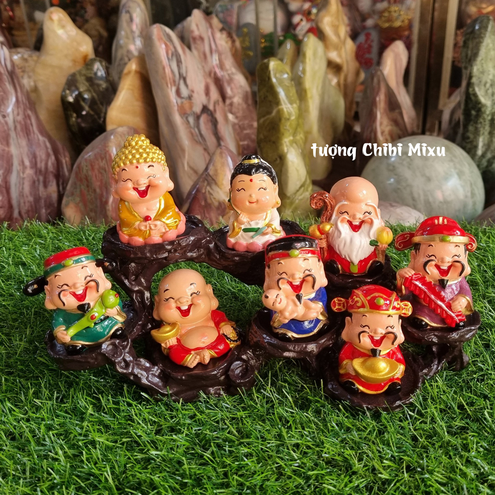 Bộ tượng Ngũ Phúc kèm tượng Phật Tổ + Quan Âm + Di Lặc + đế y hình