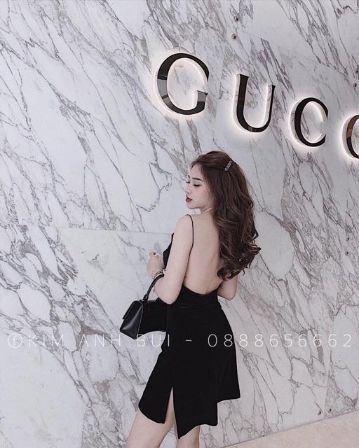Đầm váy nữ màu đen 2 dây cổ đổ hở lưng xẻ đùi