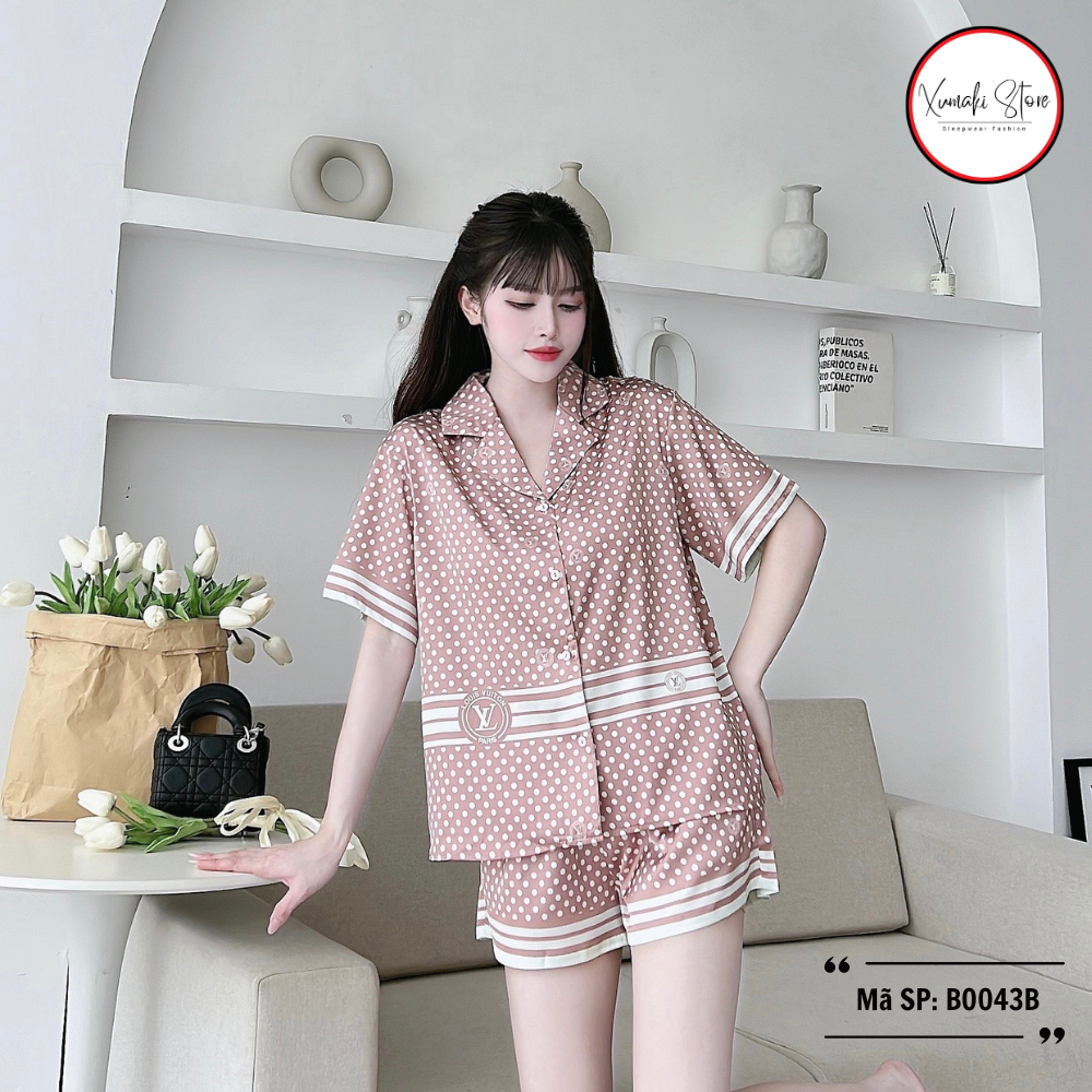 Bộ pijamas nữ áo cộc quần đùi họa tiết chấm bi chất lụa cao cấp Xumaki Store BO043B