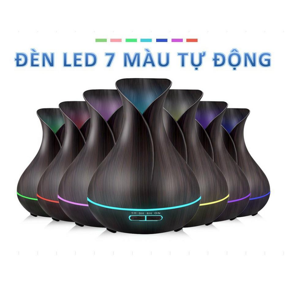 Máy Xông Tinh Dầu Bình Hoa Tulip Vân Gỗ Cao Cấp 550ML Có Remote Điều Khiển