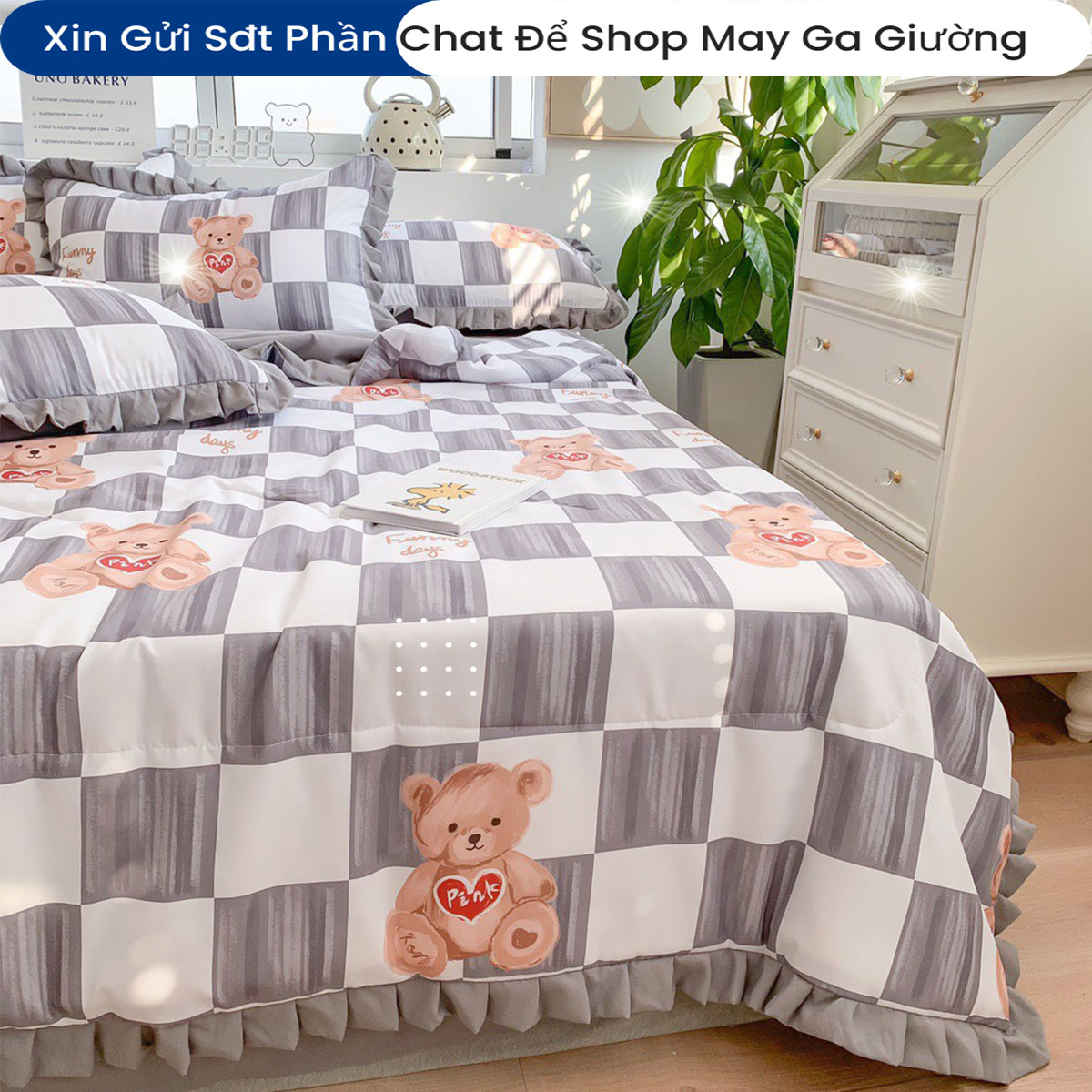 Bộ Chăn Ga Gối Đệm Hè Cotton Tici ANNA NGUYÊN Drap Giường Cotton Cao Cấp Mẫu Kẻ Ô Bo Chun Drap