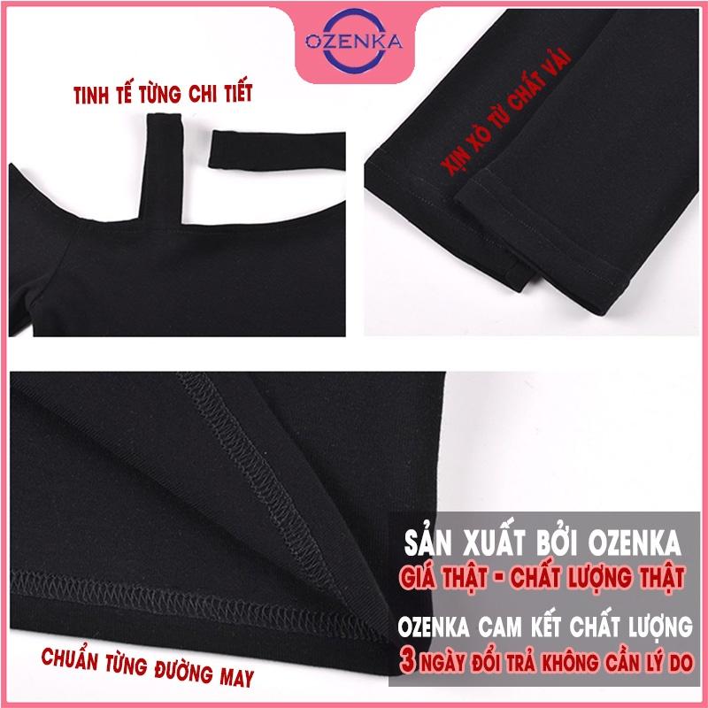 Áo croptop trễ vai tay dài ôm nữ OZENKA, crt đẹp sang chảnh thời trang màu đen trắng thun gân 100% cotton dưới 50kg