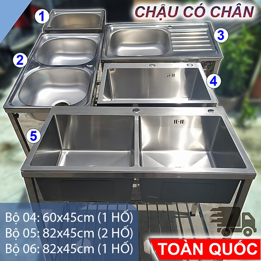 Bộ Chậu Rửa Chén Bát Có Chân Inox Kazta Nhiều Kích Thước Thông Dụng - Gồm Chậu, kệ chân, xi phông