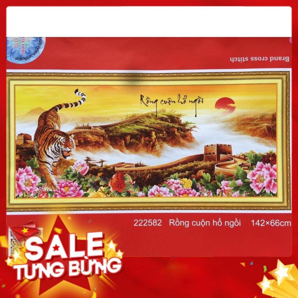 Tranh thêu chữ thập rồng cuộn hổ ngồi KT 142x66cm