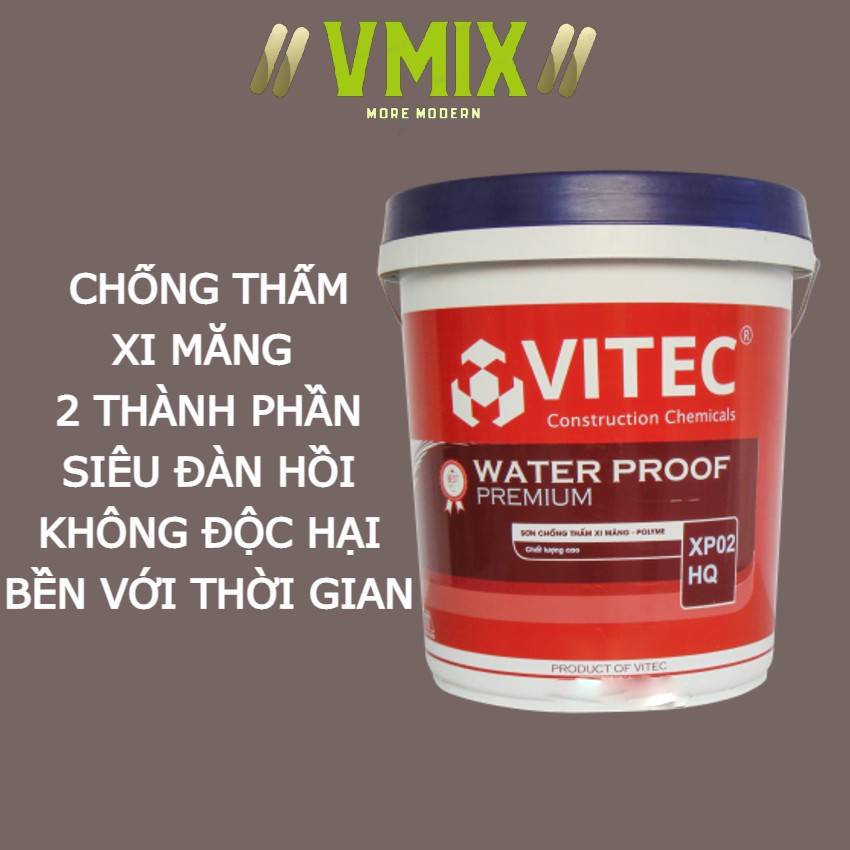 Chống thấm xi măng 2 thành phần Vitec xp 02 hq siêu đàn hồi ,không độc hại ,bám dính tốt trên mọi bề  mặt ,chống thấm cho nhà vệ sinh, ban công,mái,tường ngoài nhà,bể nước . vmix eco