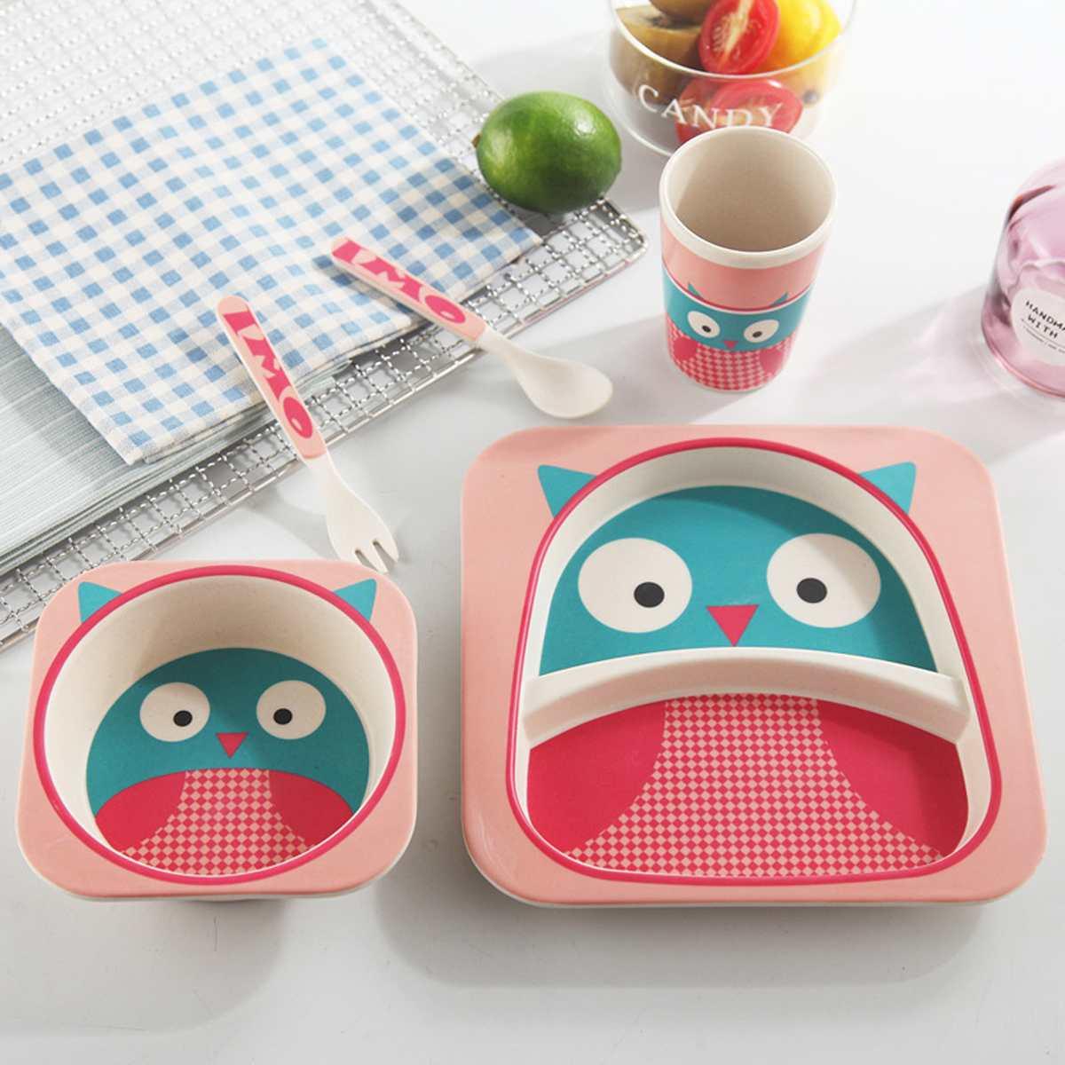 5 Cái/bộ Cho Bé Bát Đĩa Món Ăn Giỏ Muỗng Nĩa Cốc Trẻ Em Bộ Đồ Ăn Sợi Tre Trẻ Em Hoạt Hình Tách Ăn Tấm